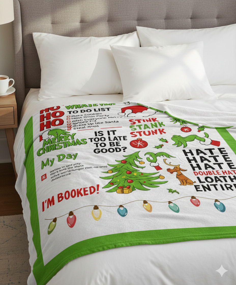 Funny Grinch Christmas Blanket – Holiday To-Do List Blanket, Cozy Xmas Gift, Whoville Humor Decor, Green Red