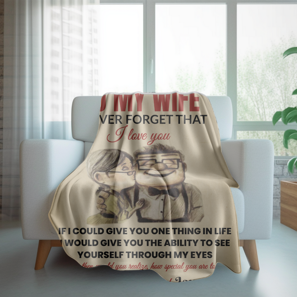 To My Wife Love Message Blanket – Heartfelt Husband Gift, Romantic Cartoon Couple Blanket, Personalized Love Message Throw- 50x60