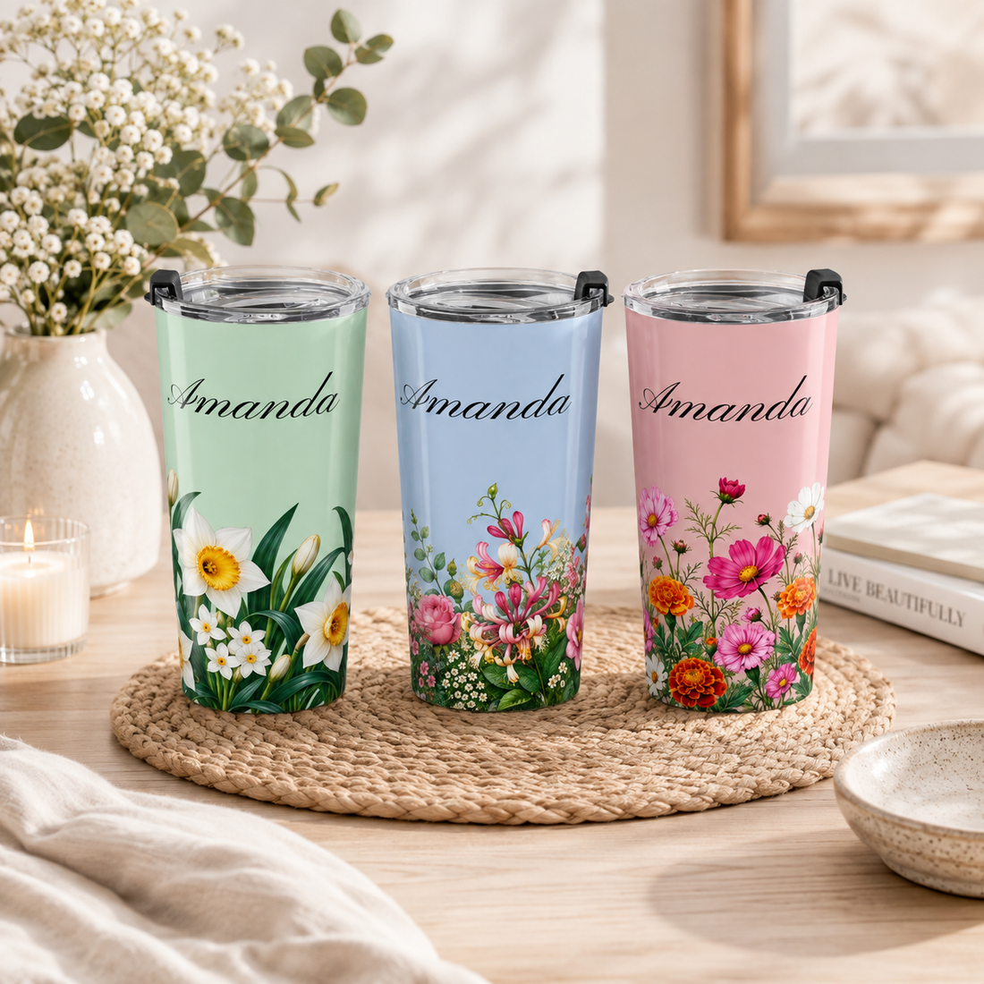 Custom Name & Birth Flower Birthday Gift For Her, Sisters, Daughter, Friends, Coworkers - Personalized Tumbler