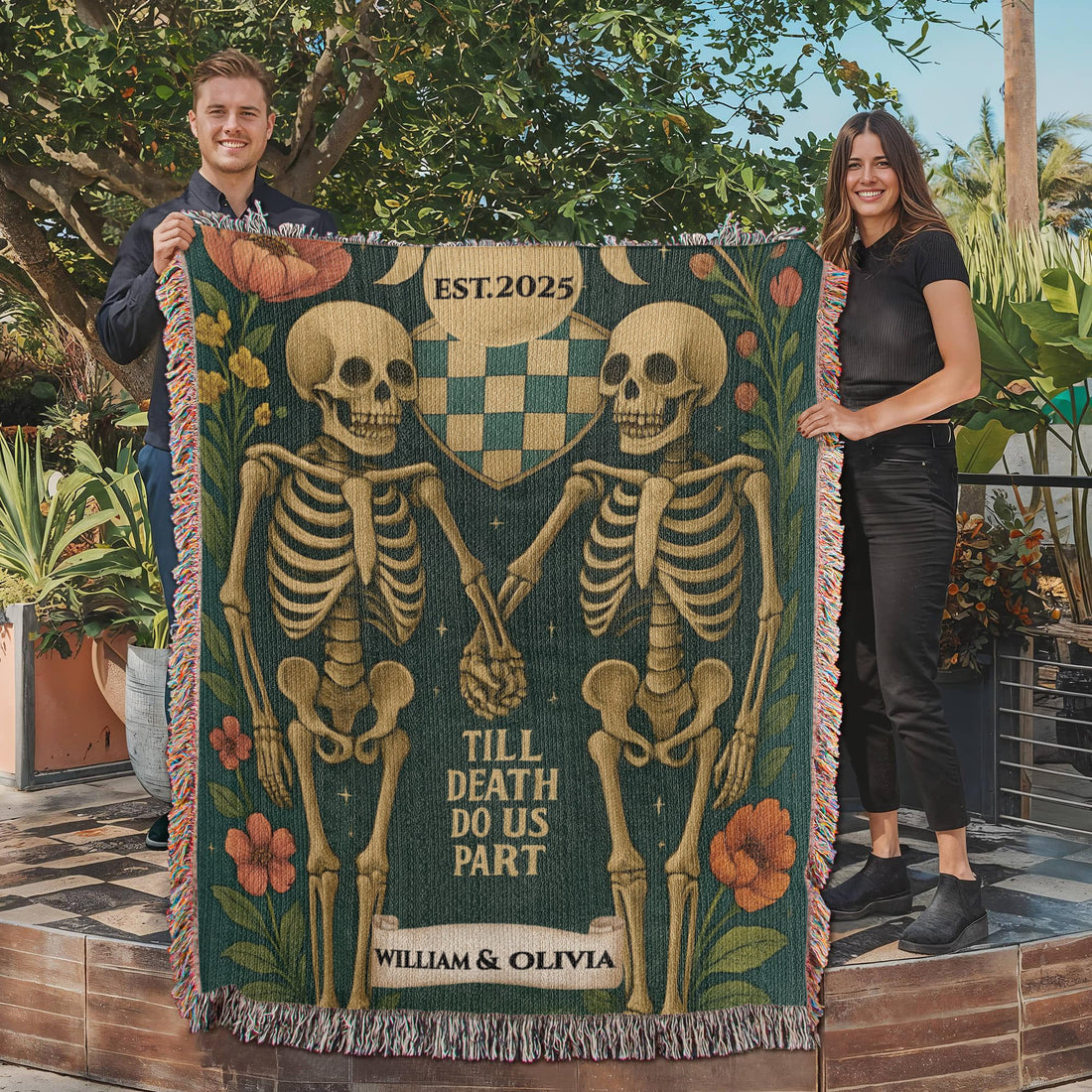 Personalized Skeleton Couple 'Till Death Do Us Part' |Spooky Halloween Tapestry Artwork Heirloom Woven Blanket