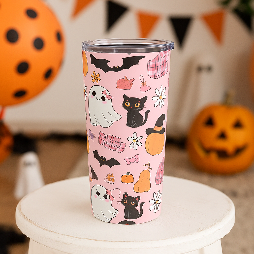 Halloween-Themed Cat and Ghost Stainless Steel Tumbler 20oz