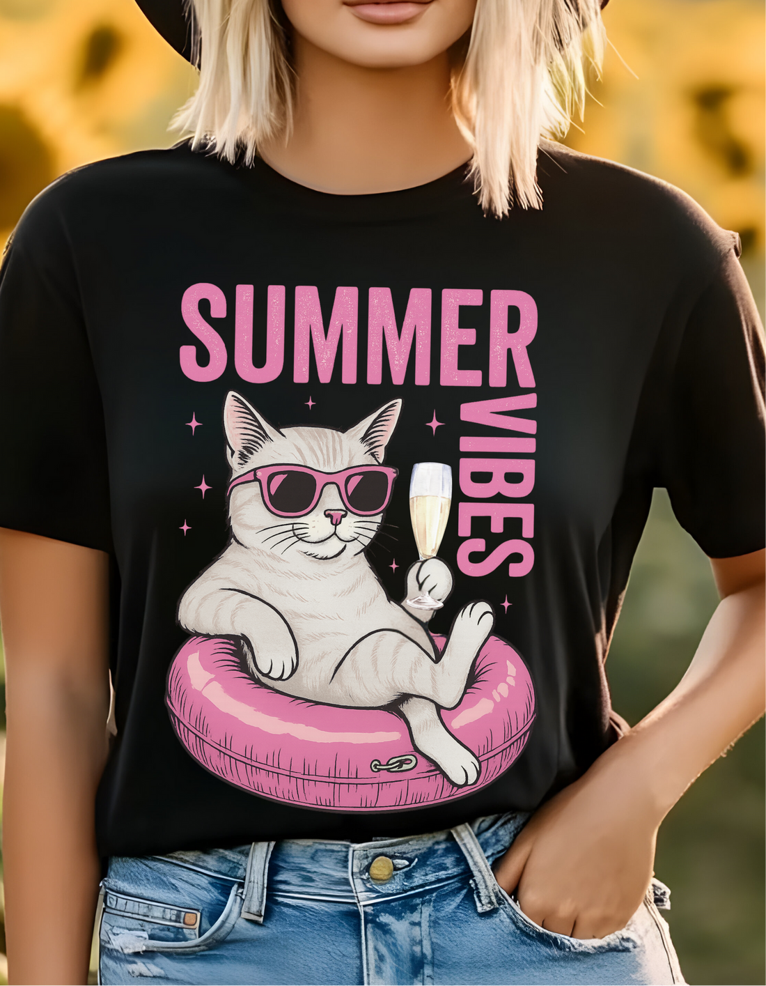 Summer Vibes T-Shirt, Summer Cat, Lazy River Cat, Cat in pool tube | Champagne Time