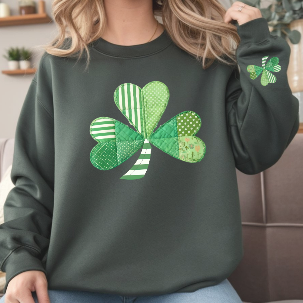 St. Patrick's Day Shamrock Sweatshirt, Patchwork Lucky Clover Crewneck, Cozy Green Patterned Pullover