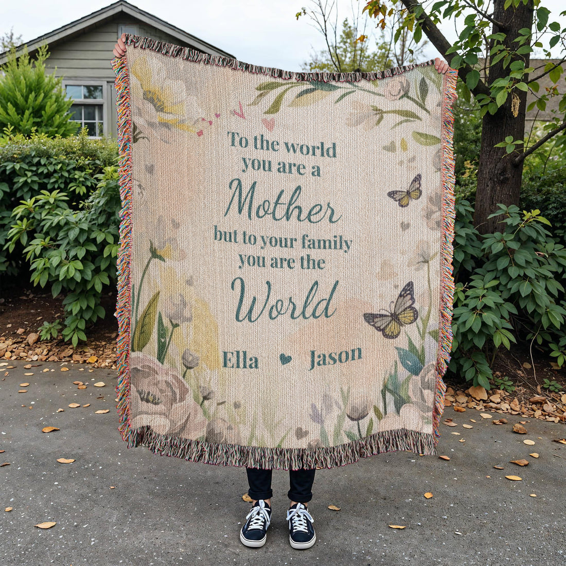 Personalized Mother’s Day Blanket – Custom Mom Gift with Kids Names – “You Are The World” Floral Throw