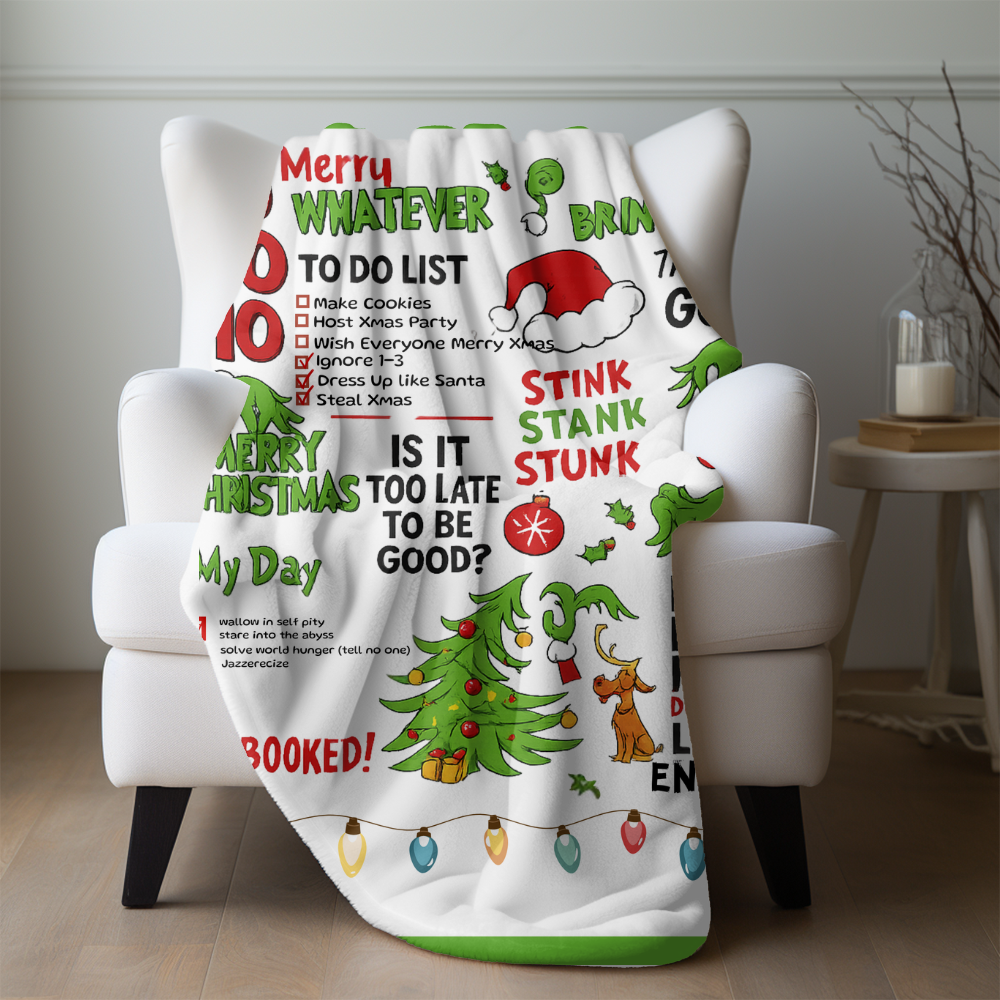 Funny Grinch Christmas Blanket – Holiday To-Do List Blanket, Cozy Xmas Gift, Whoville Humor Decor, Green Red