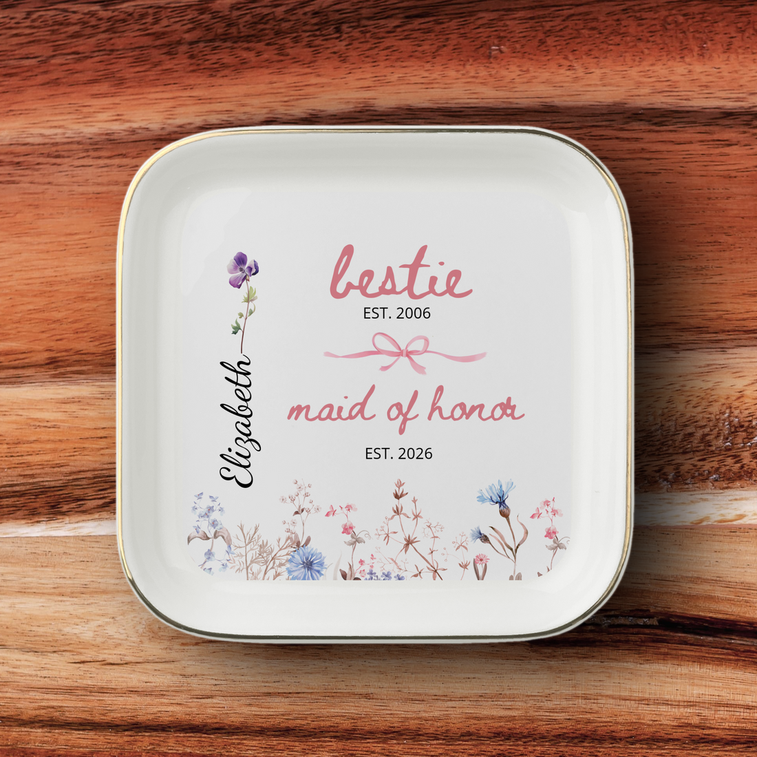 Personalized Maid of Honor Birth Flower Jewelry Dish – Custom Bestie Bridal Party Gift