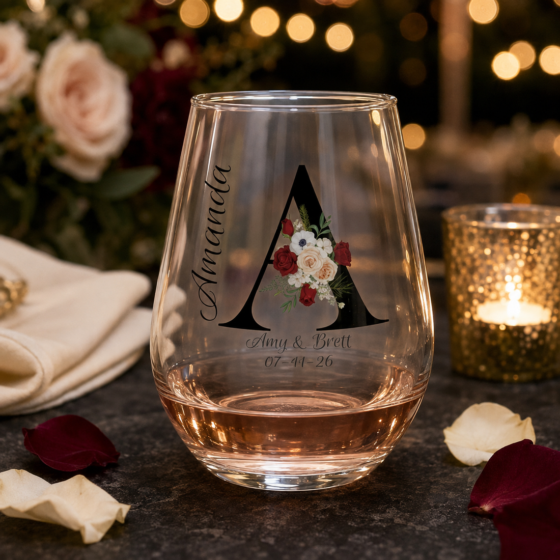 Personalized Wedding Wine Glass – Floral Monogram, Names & Date, Stemmed or Stemless 11.75oz