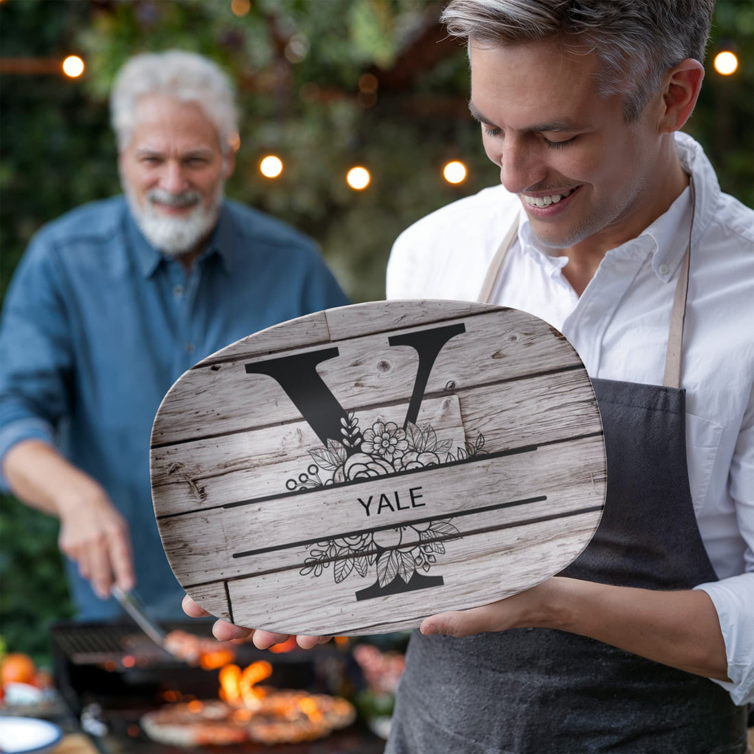 Personalized Father’s Day Platter – Custom Initial & Name Decorative Serving Tray (10x14”) – Wood Look Design Gift for Dad