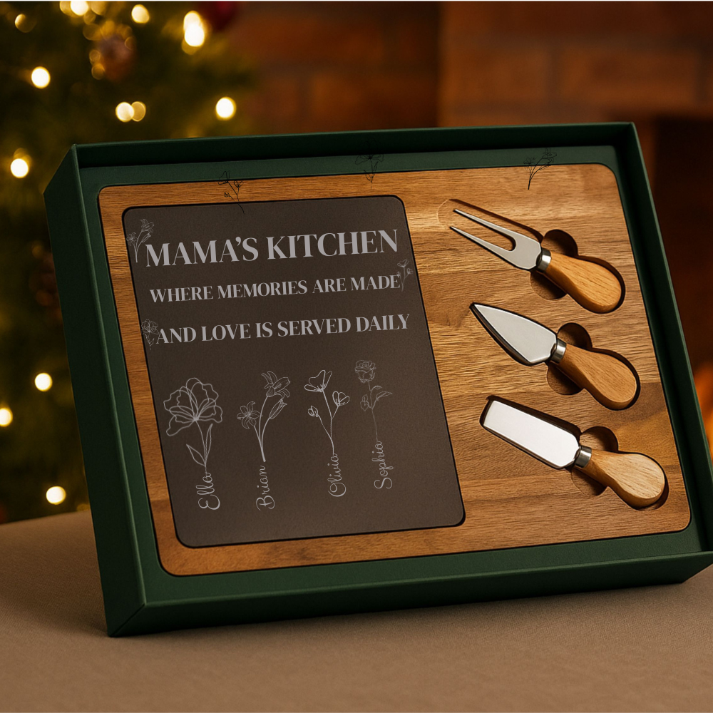 Engraved Acacia Cheese Board with Slate, Personalized Charcuterie Set, Birth Month Flowers with Names, Kitchen Décor, Unique Wedding Gift