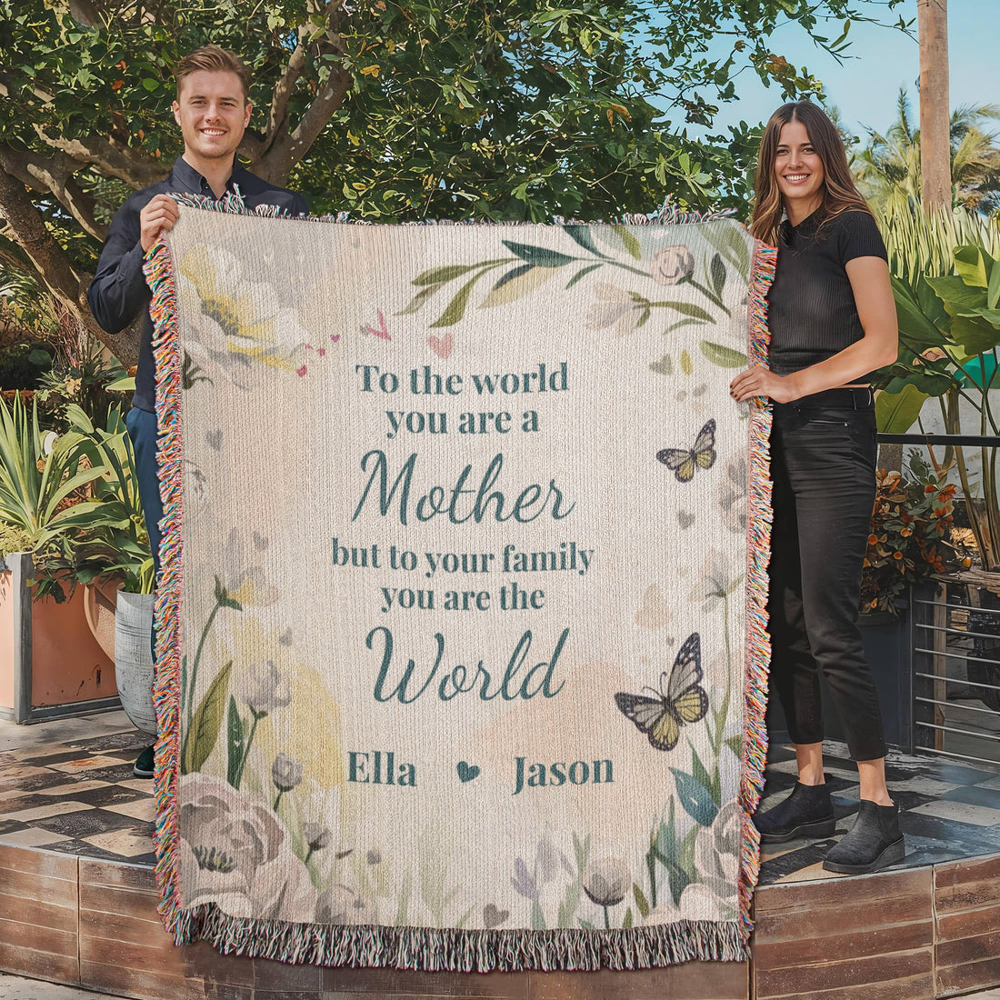 Personalized Mother’s Day Blanket – Custom Mom Gift with Kids Names – “You Are The World” Floral Throw