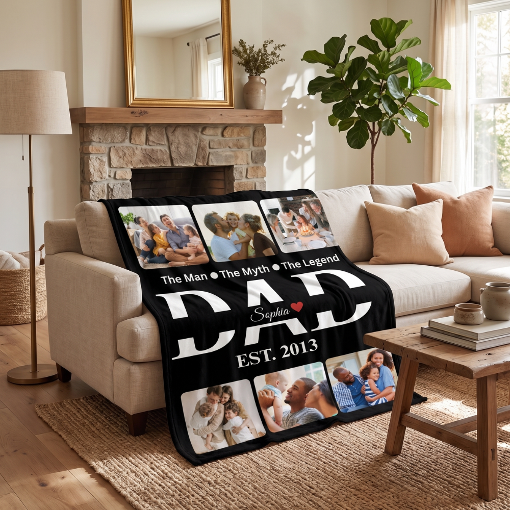 Personalized Dad Photo Blanket – Custom Family Collage Blanket with Names & EST Year – Gift for Dad from Kids – Father’s Day Blanket
