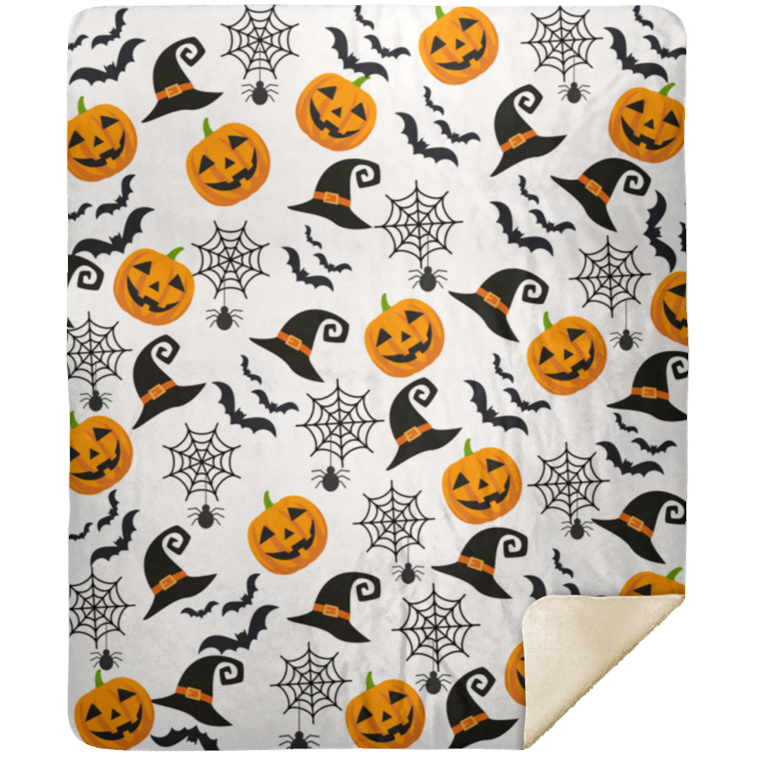 Haunted Halloween Throw Blanket: Spider Webs Witch's Hat Black Bats and Pumpkin Designs