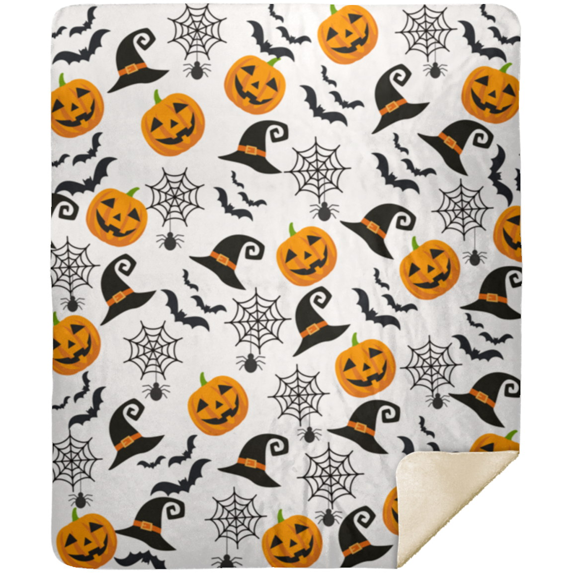 Haunted Halloween Throw Blanket: Spider Webs Witch's Hat Black Bats and Pumpkin Designs