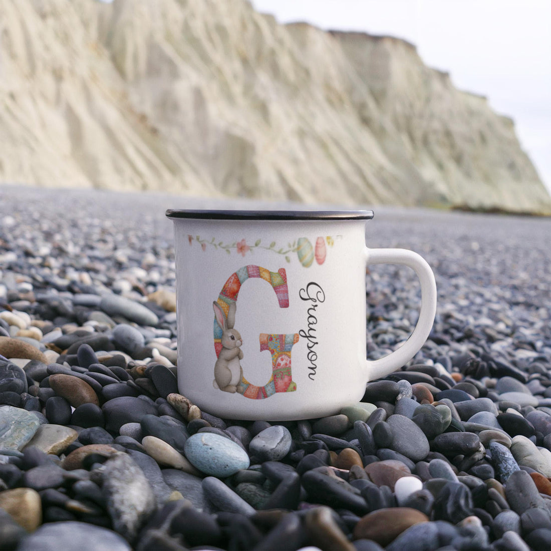 Personalized Cartoon Easter Bunny Initial 12 oz Enamel Mug with Name Easter Gift for Boys and Girls