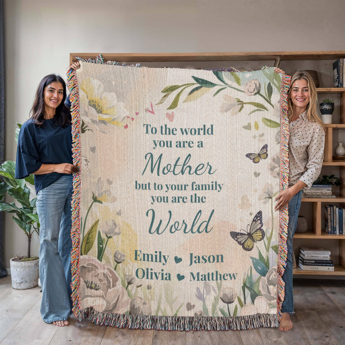 Personalized Mother’s Day Blanket – Custom Mom Gift with Kids Names – “You Are The World” Floral Throw