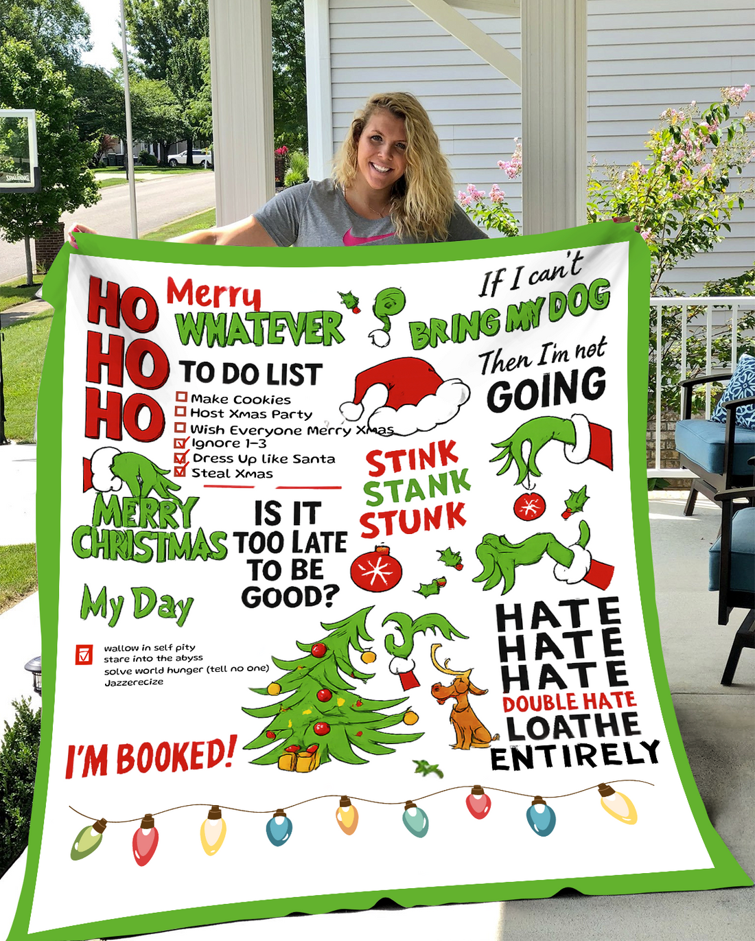 Funny Grinch Christmas Blanket – Holiday To-Do List Blanket, Cozy Xmas Gift, Whoville Humor Decor, Green Red