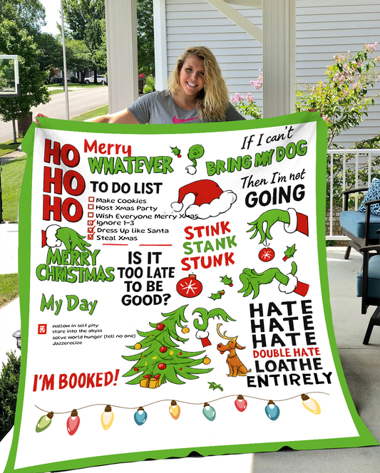 Funny Grinch Christmas Blanket – Holiday To-Do List Blanket, Cozy Xmas Gift, Whoville Humor Decor, Green Red