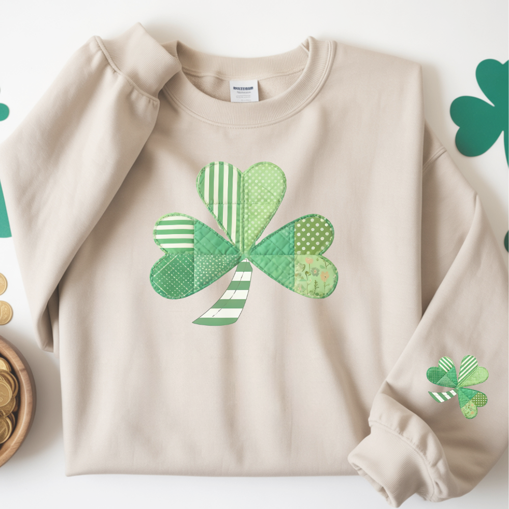 St. Patrick's Day Shamrock Sweatshirt, Patchwork Lucky Clover Crewneck, Cozy Green Patterned Pullover