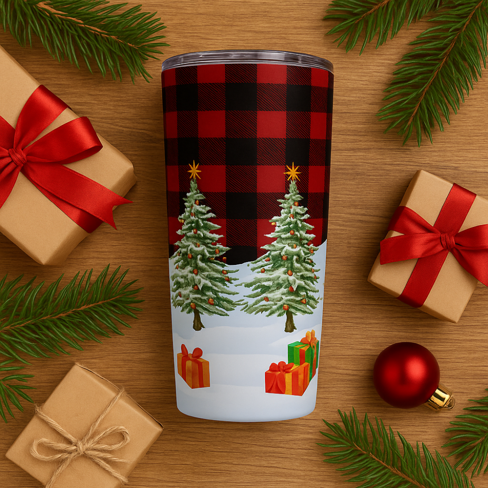 HO HO HO Christmas Tumbler 20oz • Cute Santa Reindeer Snowman Cup • Holiday Coffee Cup • Christmas Gift for Her • Buffalo Plaid Tumbler, Festive Drinkware