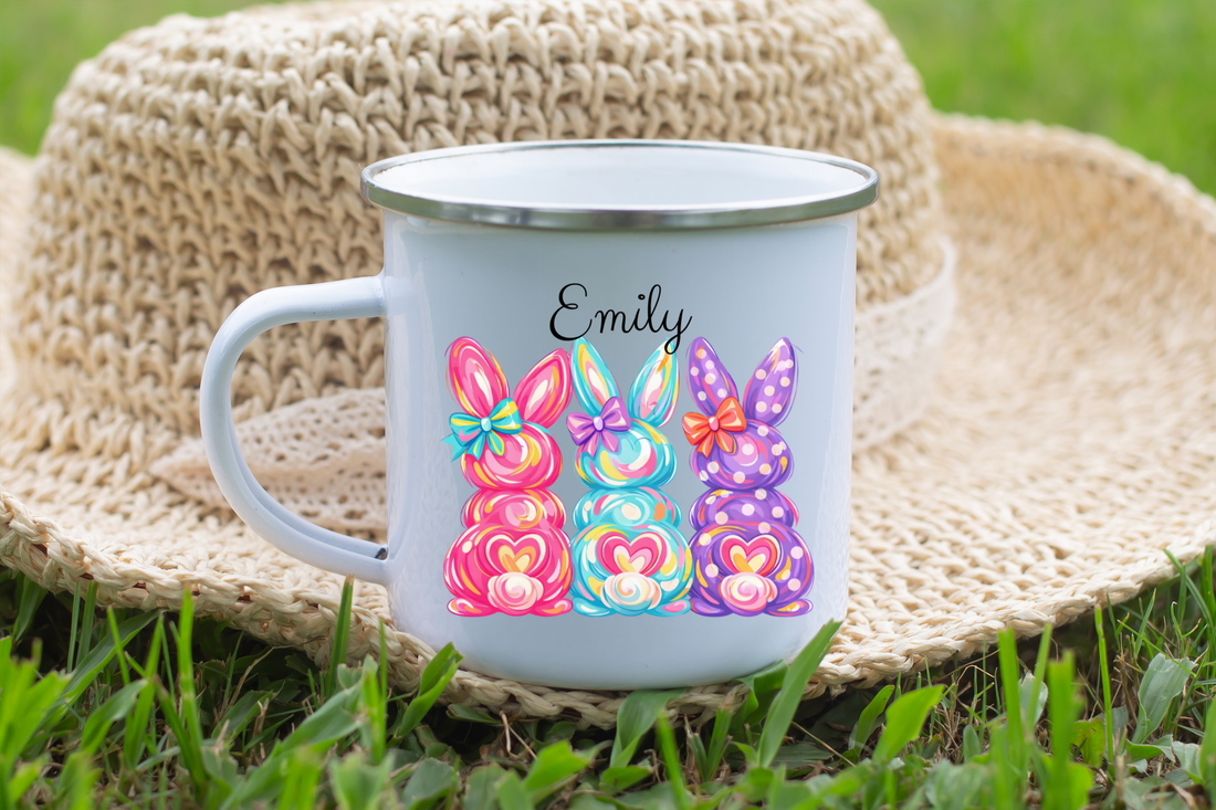 Personalized Bunny Mug, Custom Enamel Camp Mug, Easter Gift, Colorful Rabbit Design, Stainless Steel Cup, 12 oz Coffee Mug