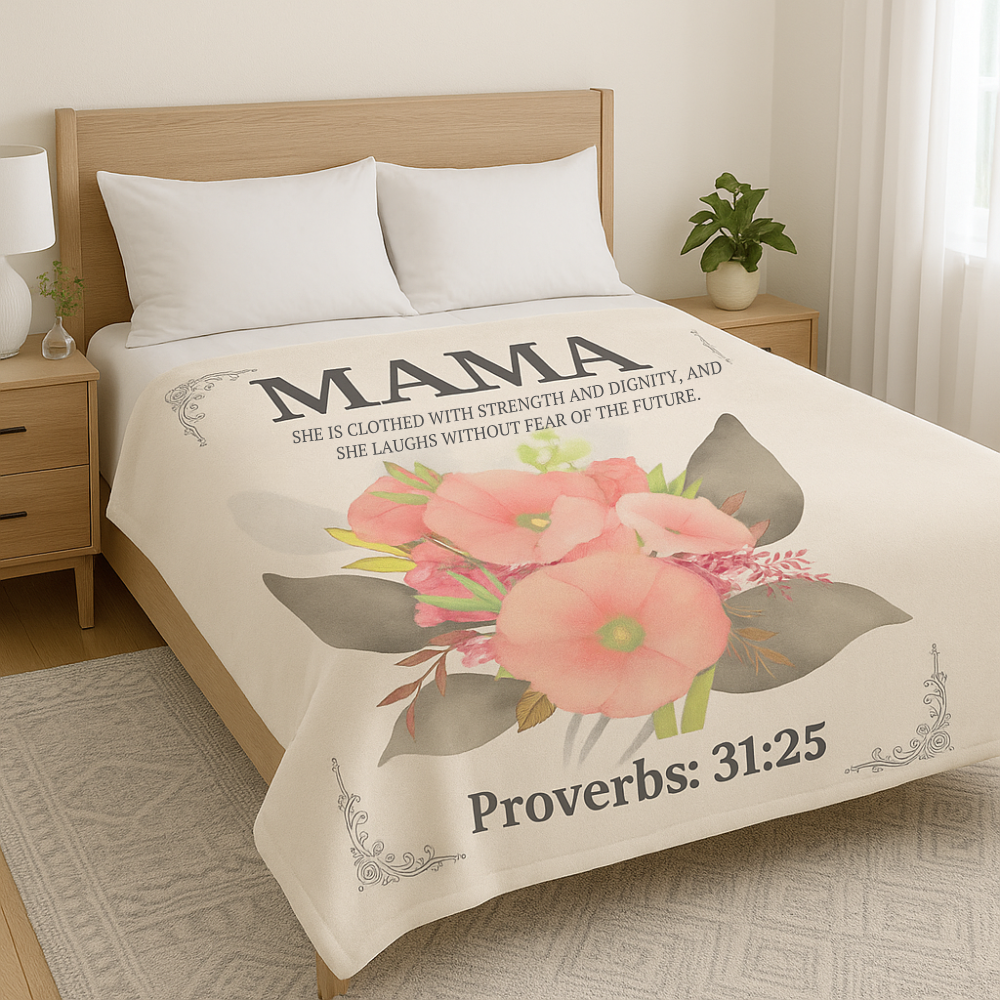 Personalize “MAMA Encouragement – Proverbs 31:25 Plush Fleece Blanket” 50x60