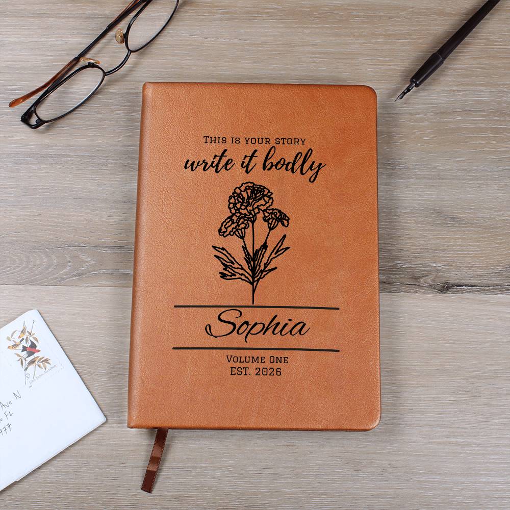 Personalized Graduation Leather Journal with Birth Flowers, Vegan Notebook Gift, Custom Name, Inspirational Quote