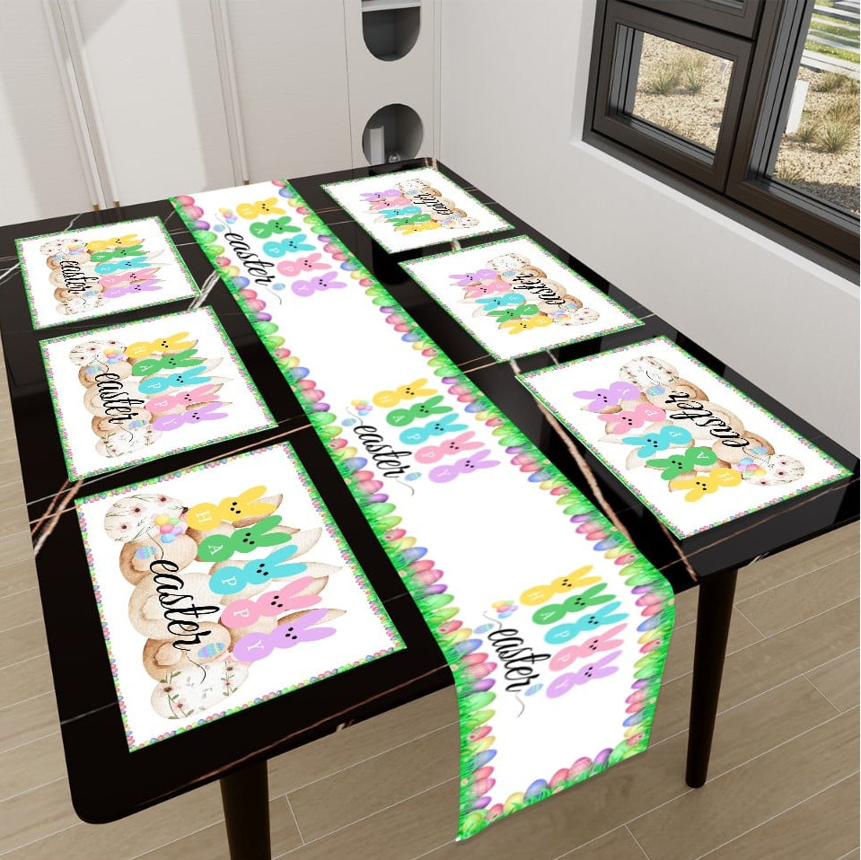Personalized Easter Table Runner & Placemat Set – Bunny Family Dinner Decor, Spring Table Setting, Custom Easter Party Bundle 7 Pieces