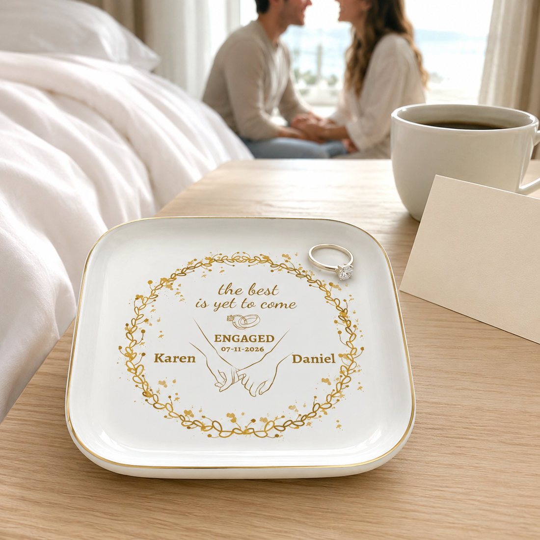 Personalized Engagement Jewelry Dish – Custom Couple Ring Holder With Names and Engagement Date