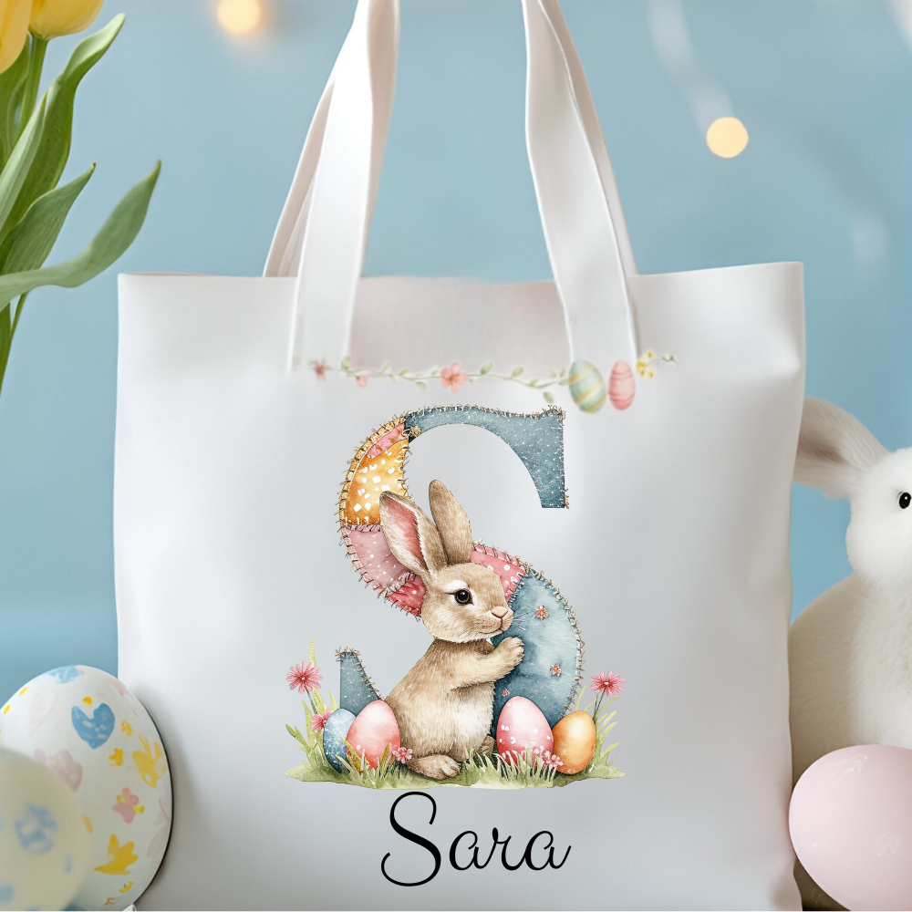 Personalized Easter Bunny Tote Bag – Custom Name Egg Hunt Bag – Patchwork Monogram Bunny Easter Basket Alternative