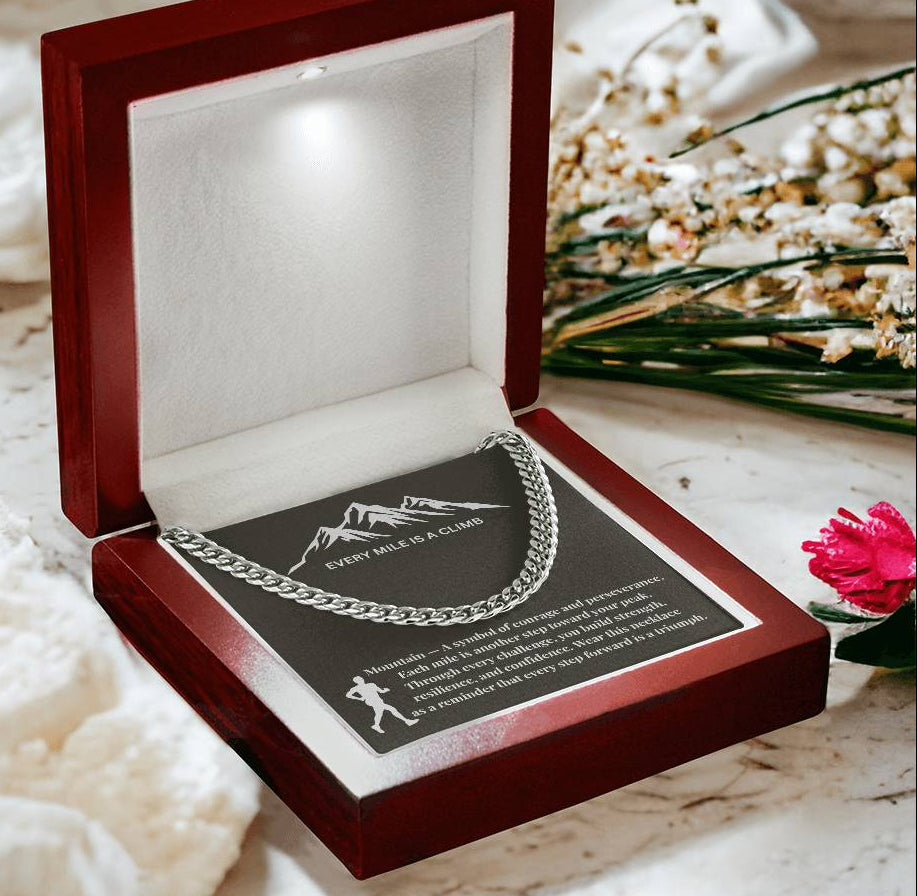 "Every Mile Is A Climb" Cuban Link Chain Necklace with Inspirational Message Card