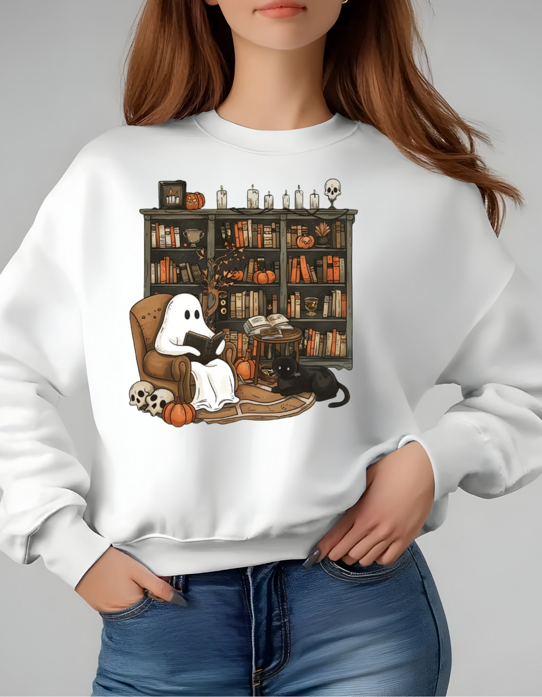 Retro Ghost Reading Books Sweatshirt, Librarian, Teacher Ghost Halloween