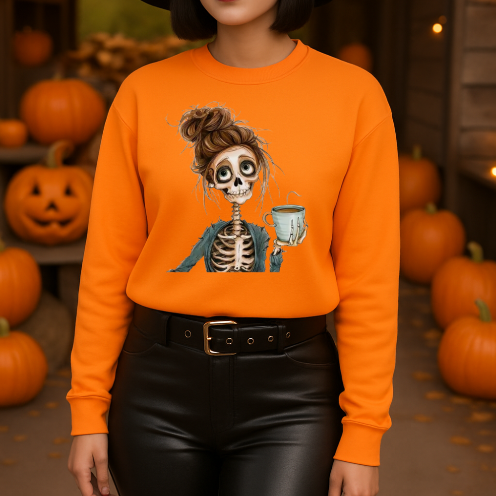 Funny Skull Girl Print Halloween Skeleton Coffee Sweatshirt