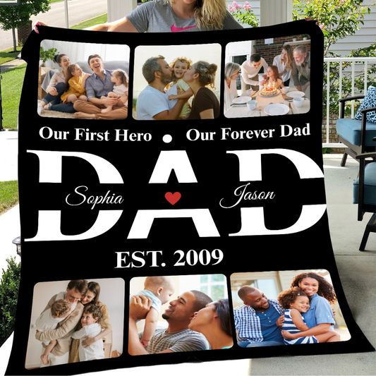 Personalized Dad Photo Blanket – Our First Hero Our Forever Dad Custom Family Blanket – Gift for Dad from Kids – Father’s Day Photo Blanket