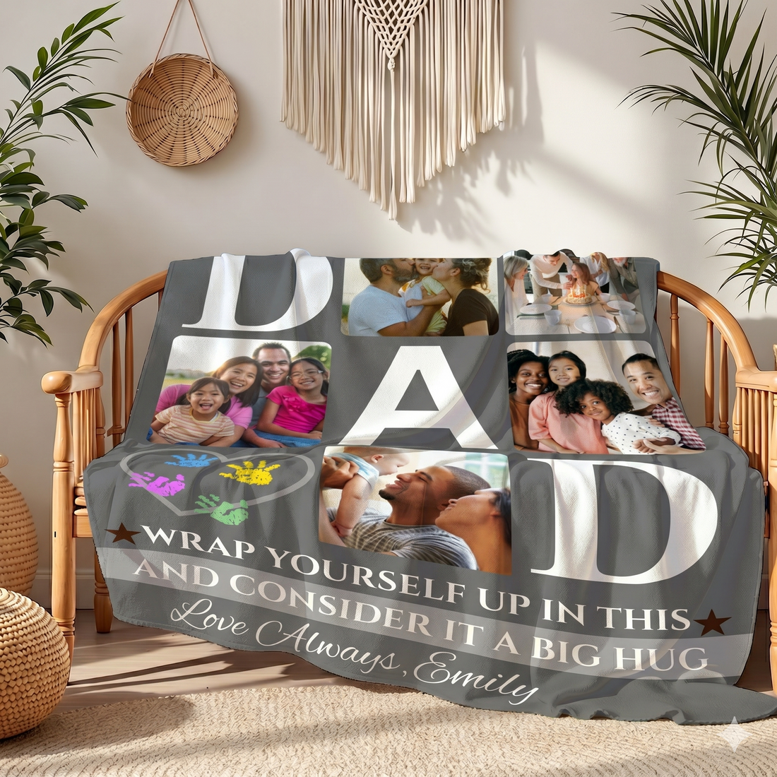 Personalized Dad Photo Blanket – "Big Hug" Dad Custom Family Blanket – Gift for Dad from Kids – Father’s Day Photo Blanket