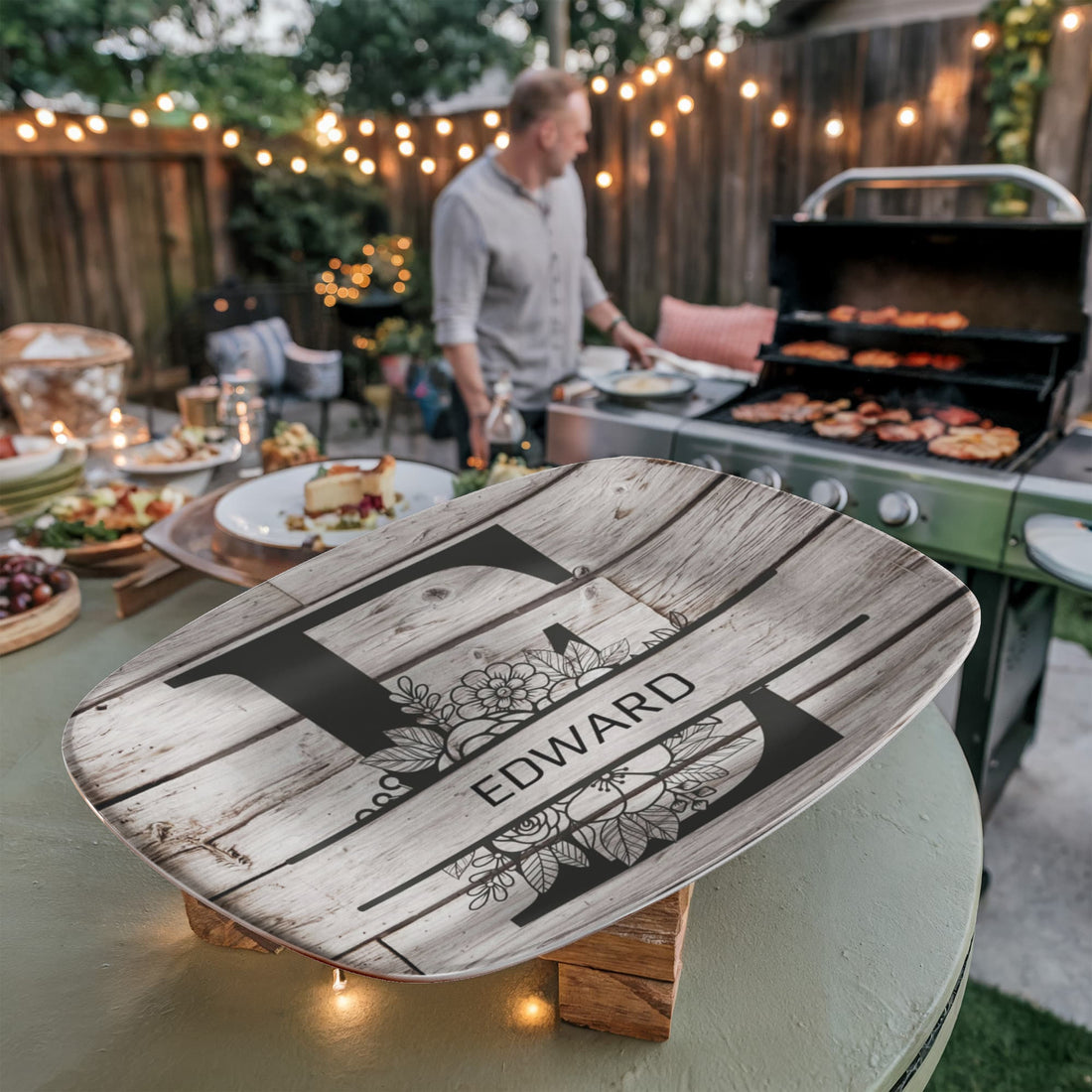 Personalized Father’s Day Platter – Custom Initial & Name Decorative Serving Tray (10x14”) – Wood Look Design Gift for Dad