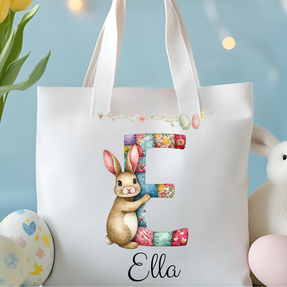 Personalized Easter Bunny Tote Bag – Custom Name Egg Hunt Bag – Patchwork Monogram Bunny Easter Basket Alternative