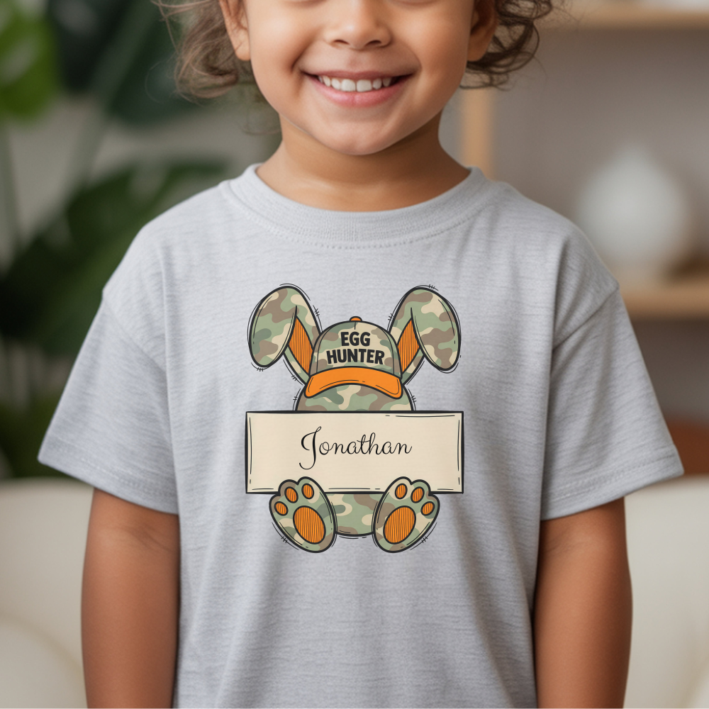 Personalized Easter Kids T-Shirt, Egg Hunter Bunny Shirt, Custom Name Toddler Tee, Easter Gift, Camouflage Bunny Ears