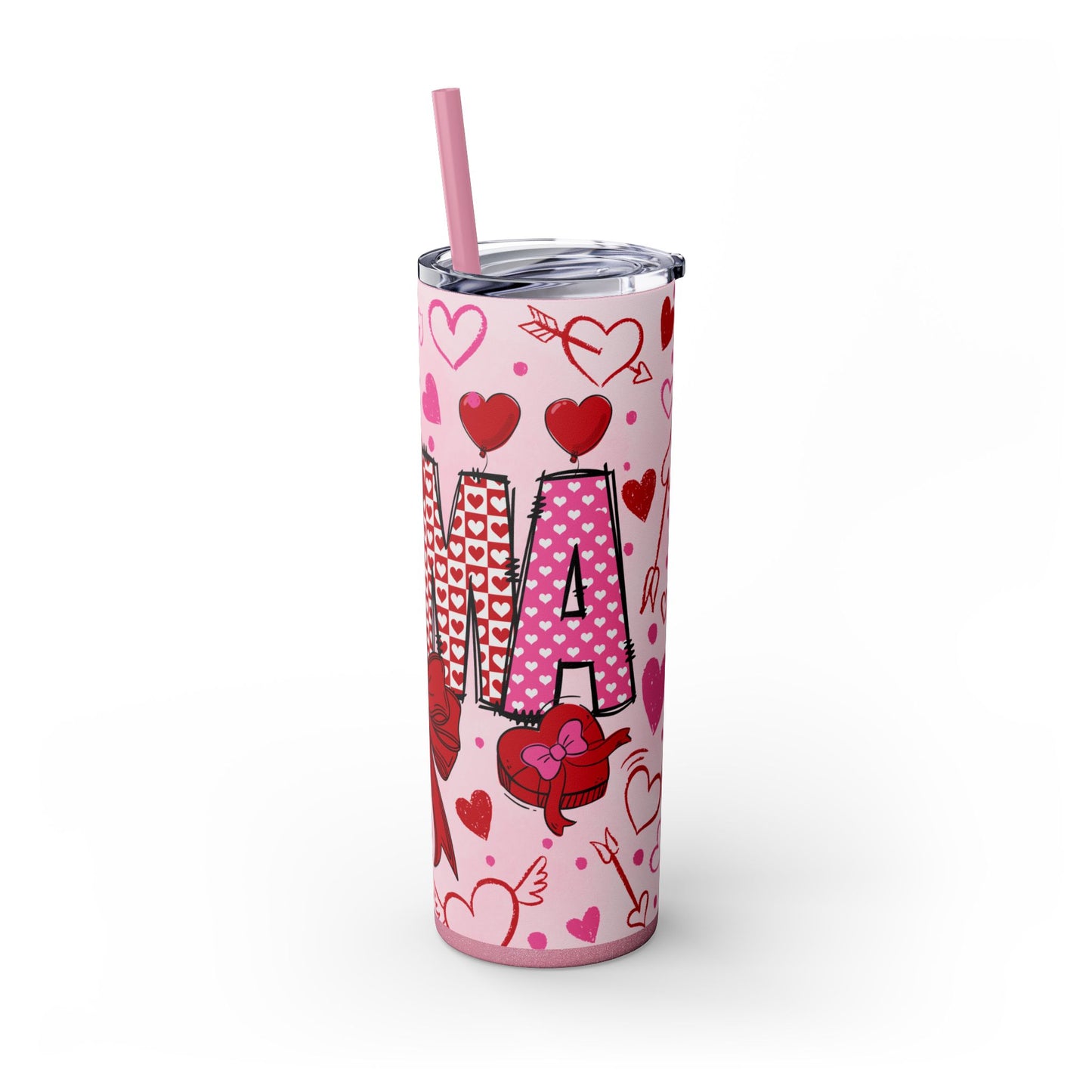 Valentine Day "MAMA Bow and Hearts" Skinny Tumbler with Straw, 20oz