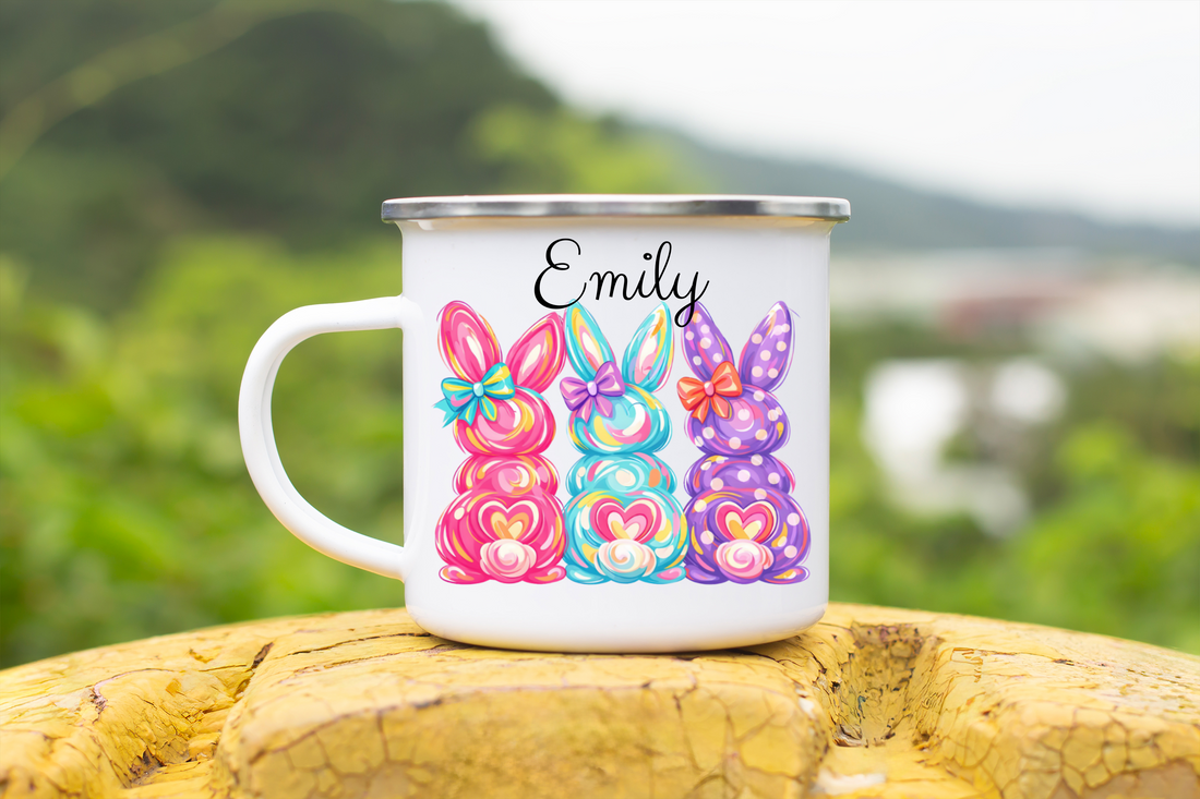 Personalized Bunny Mug, Custom Enamel Camp Mug, Easter Gift, Colorful Rabbit Design, Stainless Steel Cup, 12 oz Coffee Mug