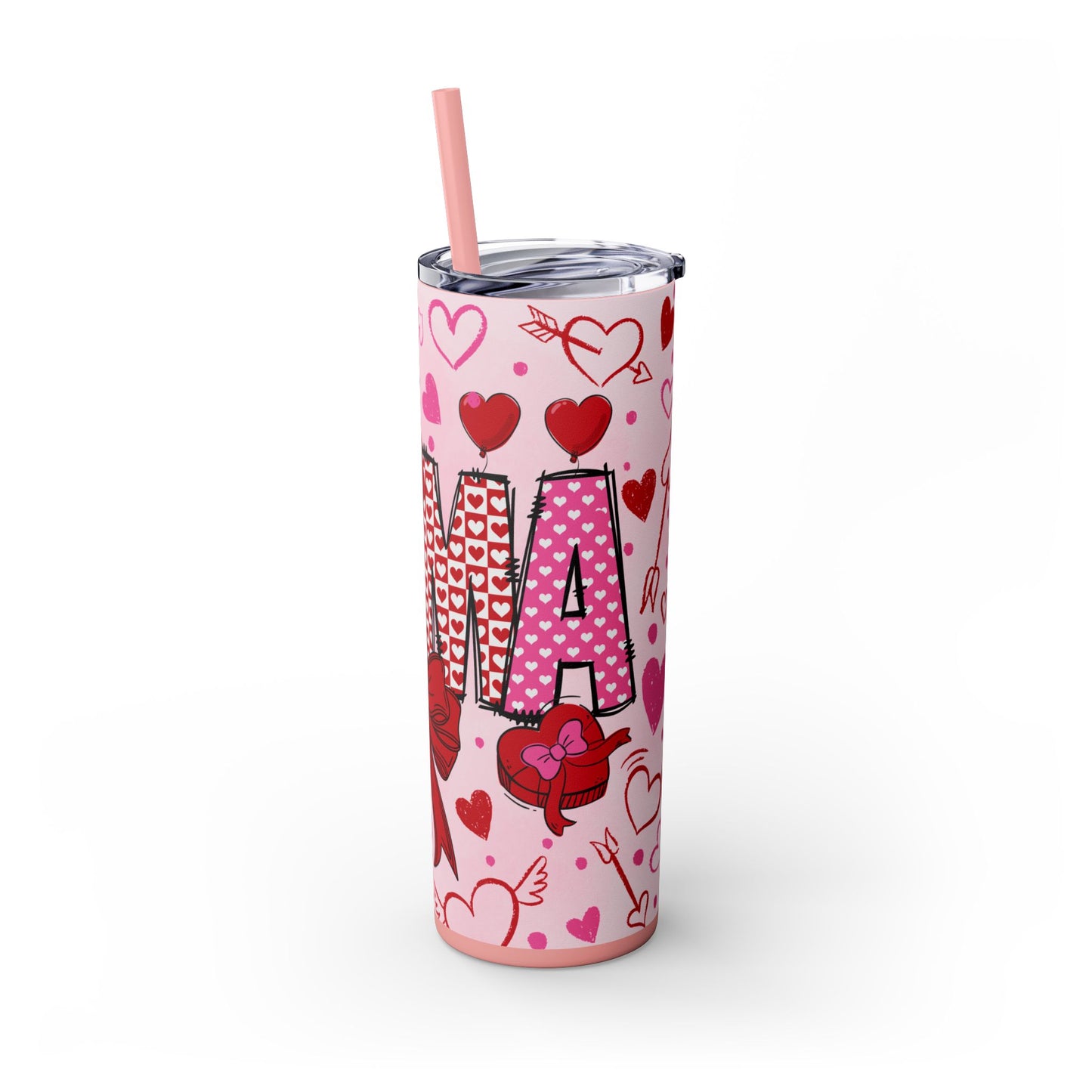 Valentine Day "MAMA Bow and Hearts" Skinny Tumbler with Straw, 20oz