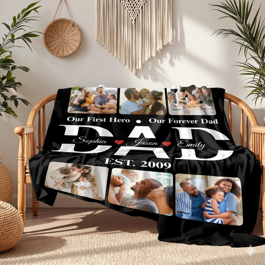 Personalized Dad Photo Blanket – Our First Hero Our Forever Dad Custom Family Blanket – Gift for Dad from Kids – Father’s Day Photo Blanket