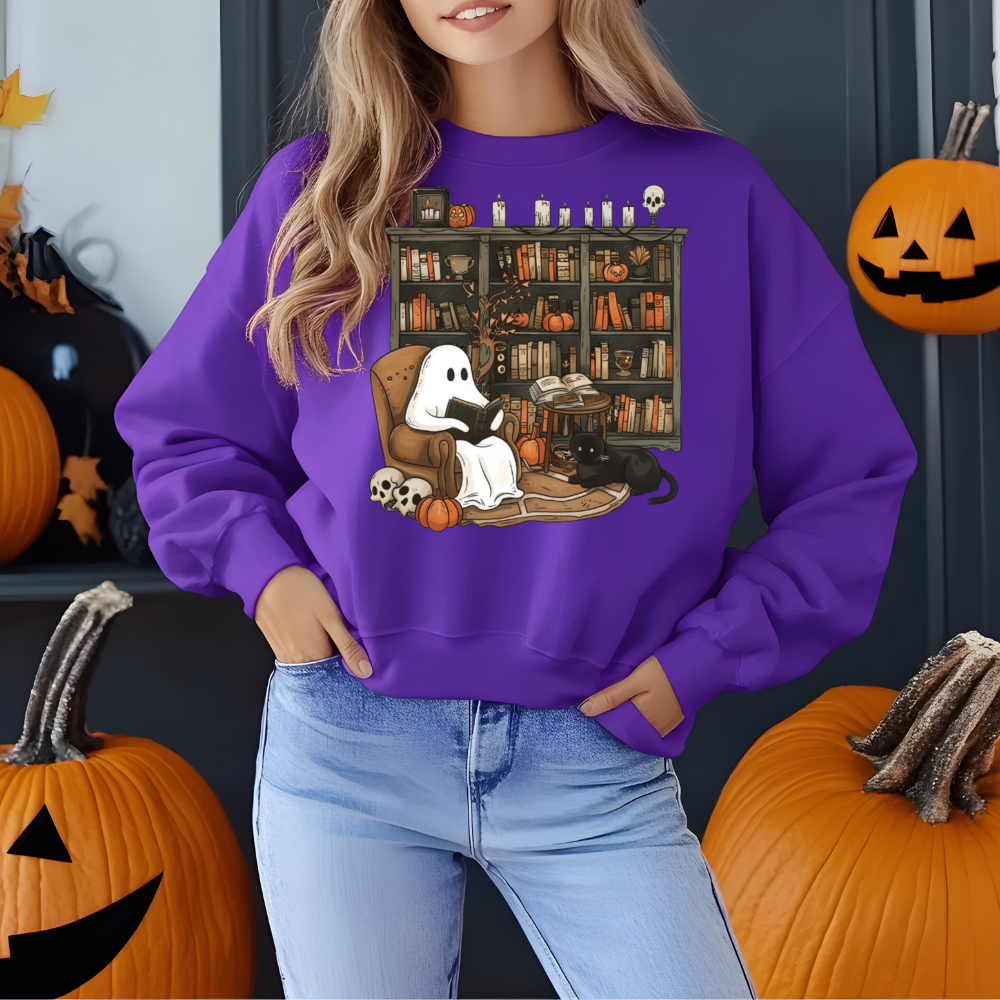 Retro Ghost Reading Books Sweatshirt, Librarian, Teacher Ghost Halloween
