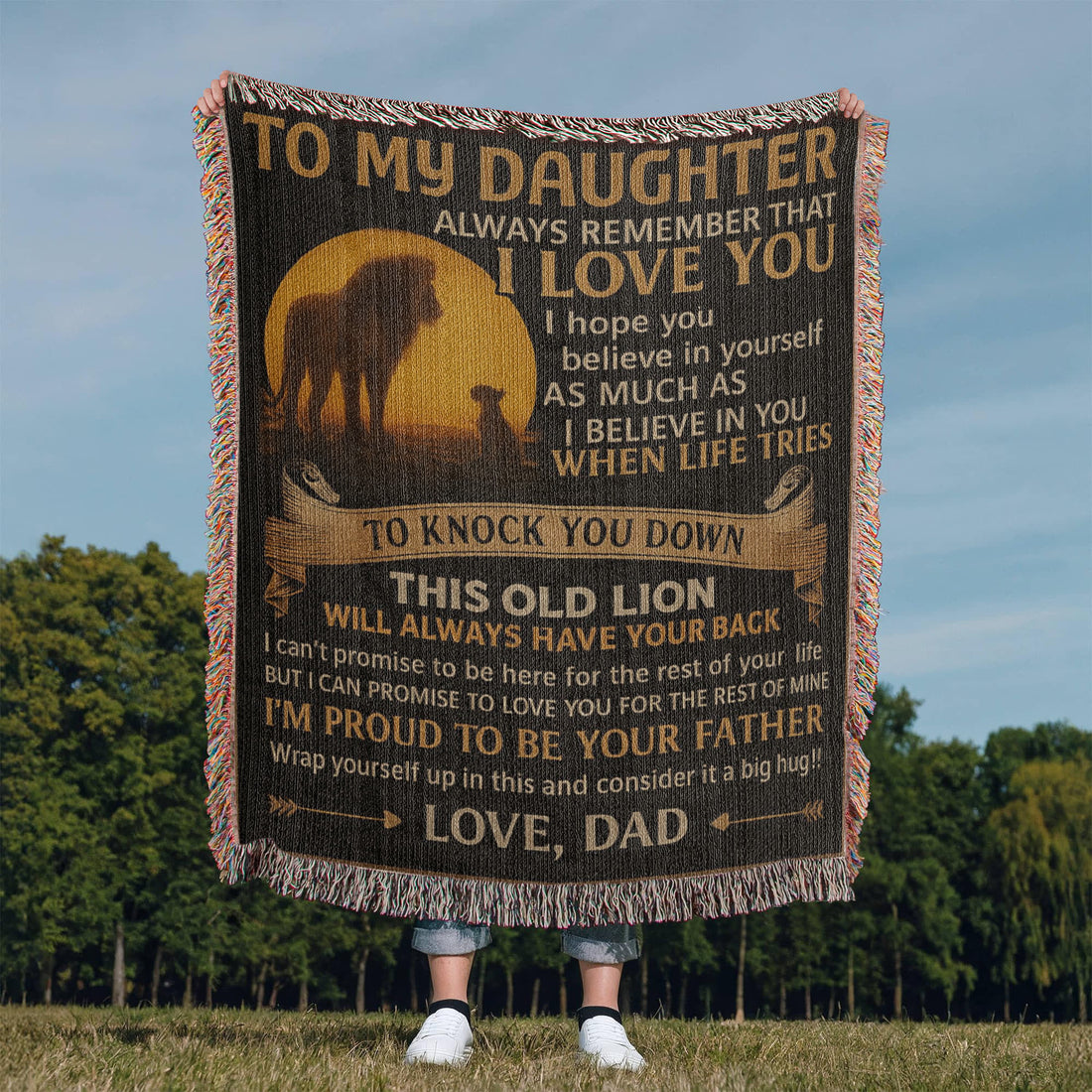 Custom Lion Theme Blanket, Personalized Woven Keepsake, Unique Gift for Daughter, Sentimental Home Decor, Dad's Love Message