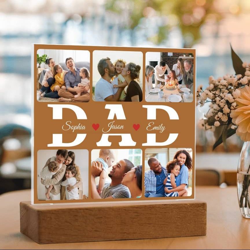 Personalized “DAD” Photo Acrylic Plaque – Custom Family Picture Gift for Dad – LED Night Lite Keepsake from Kids