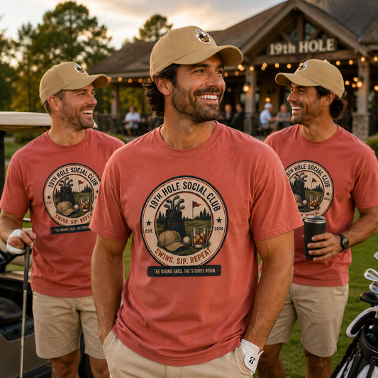 19th Hole Social Club Golf Shirt | Matching Golf Hat | Comfort Colors 1717 Tee | Golf Trip Gift | Golf League Apparel | Swing Sip Repeat