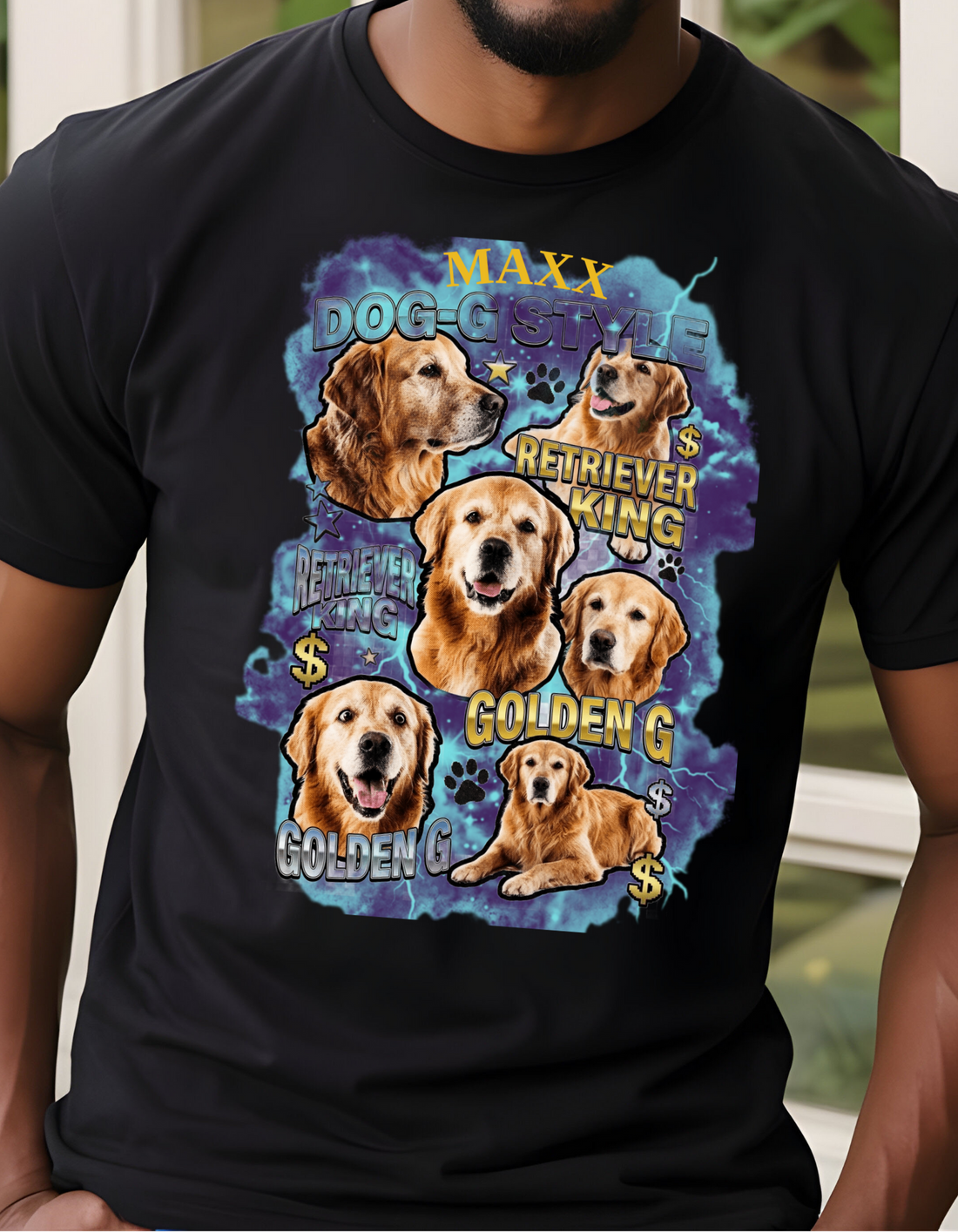 Custom Dog Portrait T-Shirt, Vintage Bootleg Pet Shirt, Personalized Pet Photo Tee, Retriever King Design