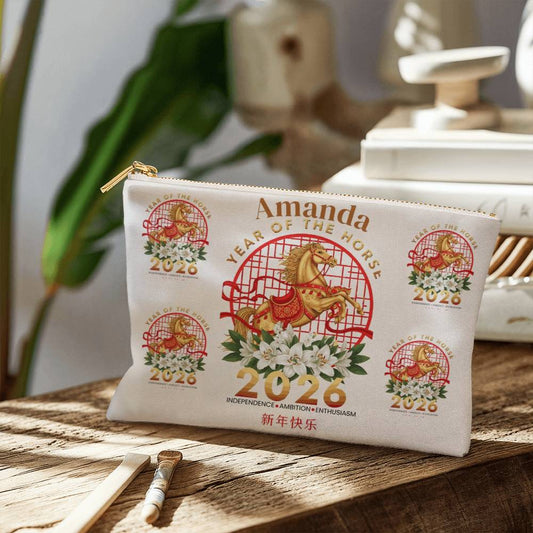 Custom Fabric Zipper Pouch, Year of the Horse Design, Personalized Bag for Makeup or Travel Essentials, Unique Zodiac Gift, Art Print Case