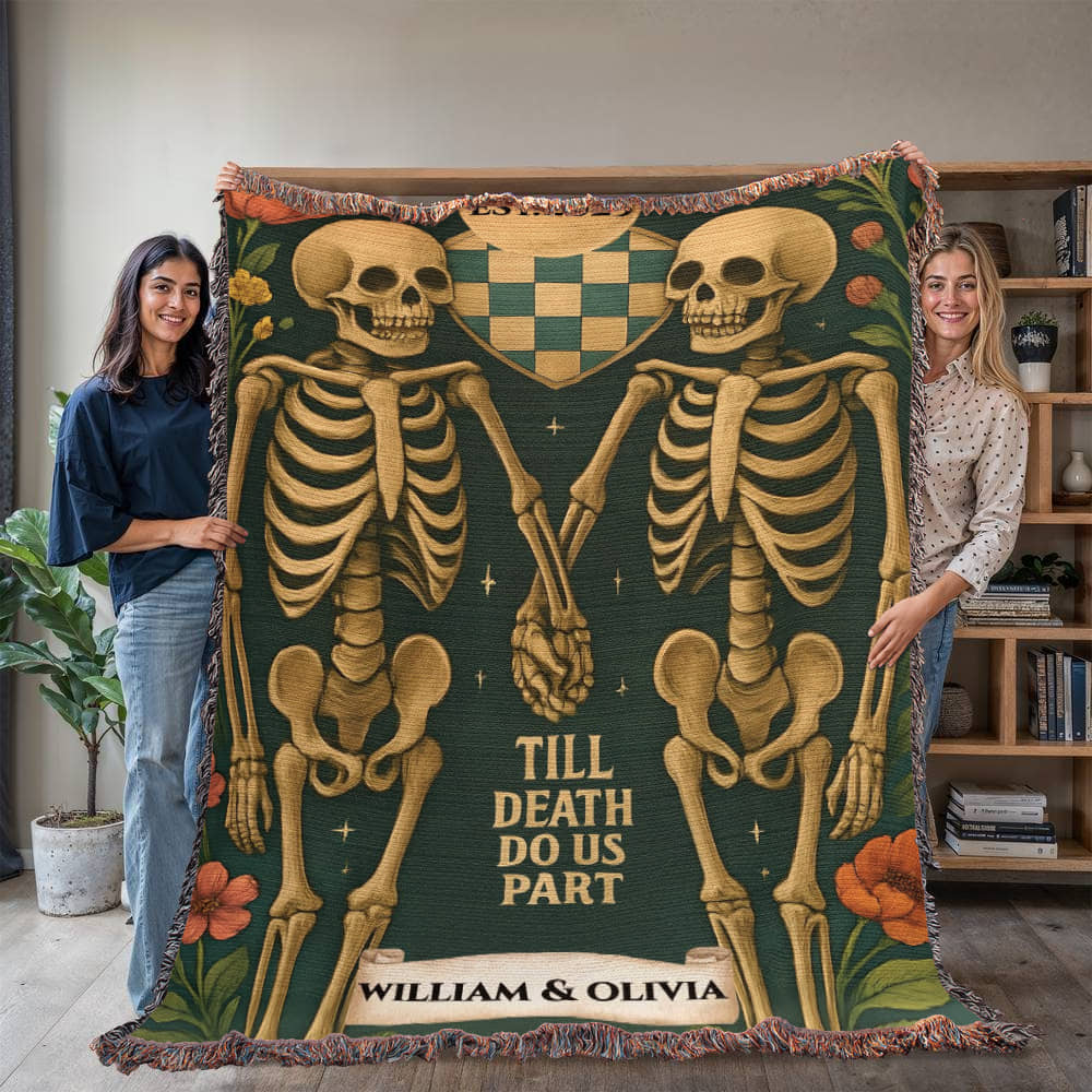 Personalized Skeleton Couple 'Till Death Do Us Part' |Spooky Halloween Tapestry Artwork Heirloom Woven Blanket