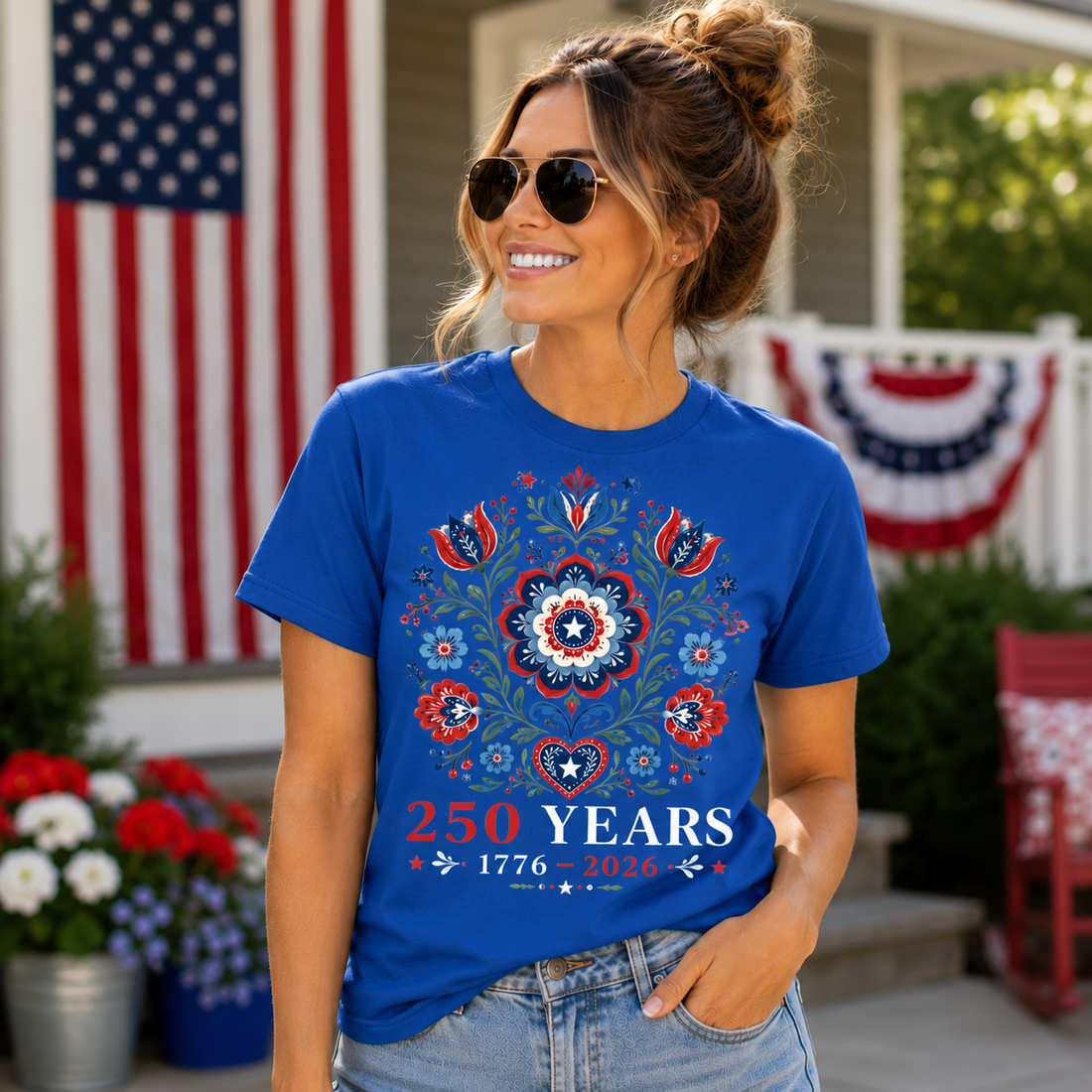 Patriotic Floral Anniversary T-Shirt, 250 Years Celebration Tee, American Heritage Gift, Vintage Style, Graphic Tee