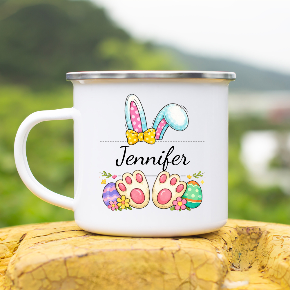 Personalized Easter Mug, Enamel Camp Mug, Custom Name Gift, Cute Easter Gift, Easter Egg Design